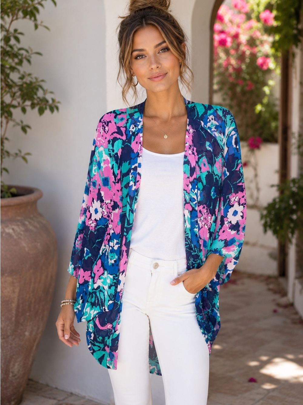 Charming Charlie Floral Sheer Open Front Kimono Cardigan L Boho Lightweight A19